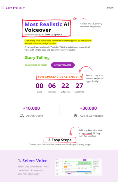 Image of SEO copywriting sample from Glen Cadorette: Unimxr AI Voice Generator (before).