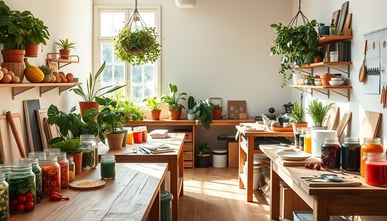 Natural paint making workspace, surrounded by jars of vegetables and fruits, wooden tables.