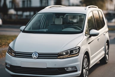 a white volkswagen e - golf driving down a street