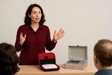 a woman in a red shirt is standing in front of a laptop