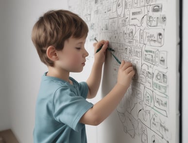 A young child with a yellow headband and striped apron is seated on a wooden structure, holding a tablet displaying drawings. Beside the child is a green apple and a clear plastic cup. The image has vibrant and colorful surroundings, including a green carpet and colorful objects.