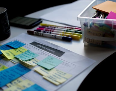 Sessão de Design Sprint, com post its e canetinhas em uma sala de reuniões