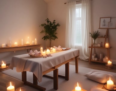 Various wellness and beauty products, including oils in bottles, a bowl of oil, dried flowers, crystals, a smudge stick, and a small dish of cream, are arranged aesthetically on a light surface. The scene is decorated with colorful flowers and herbs.