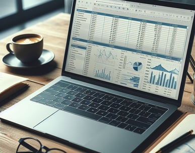 laptop computer on desk showing spreadsheet on screen