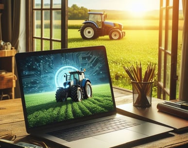 Picture of tractor on laptop screen in front of open window with tractor in background