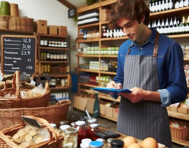 Person standing in farm shop with clipboard counting stock