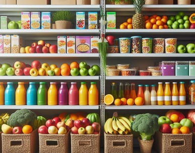 a variety of fruits and vegetables on shelves