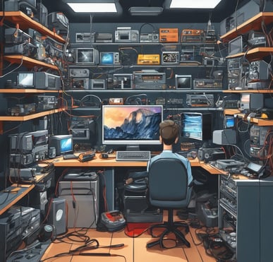 Elektronikos meistras tvarko įrenginį.