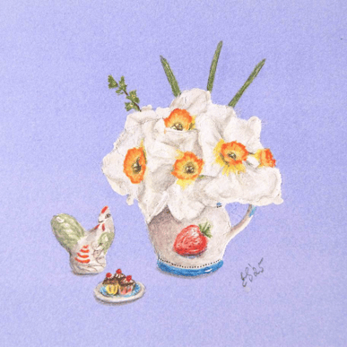 Narcissi & Strawberry Jug - watercolour with ink wash background