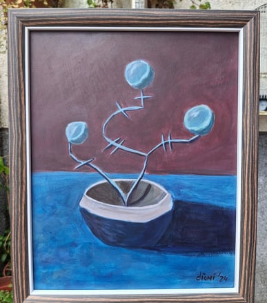 a painting of a vase with blue flowers
