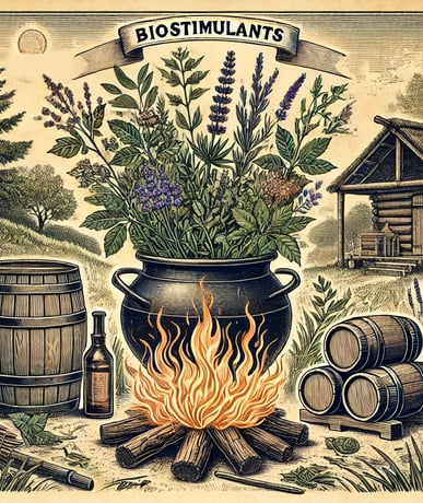 Feu de bois et chaudron avec des plantes infusants biostimulant