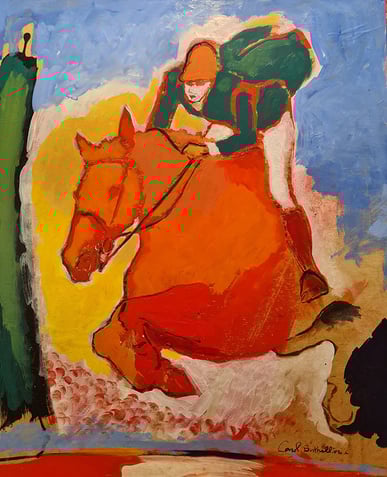 oeuvre d'art animalier- artiste peintre -peinture- cheval obstacle