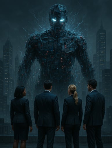 a group of business people standing in front of a giant robot