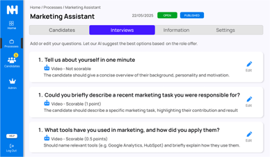 Interview panel showing AI-generated questions and scoring criteria.