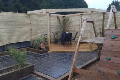 garden transformation, privacy screens, corner deck, pergola, limestone paving, sleeper planters