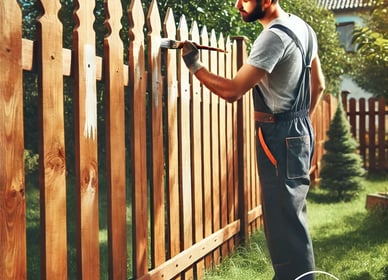 Painter Working on a Wooden Fence – A painter dressed in overalls and a cap is applying a fresh coat