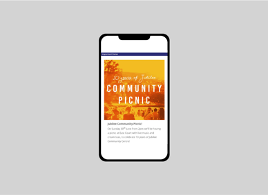 Mobile view of Jubilee Community Church’s Community Picnic event announcement.
