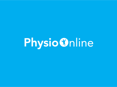 White PhysioOnline logo on a solid blue background.