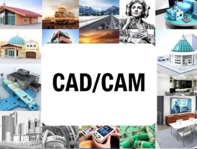 "CAD/CAM collage showing design and engineering applications in various industries."