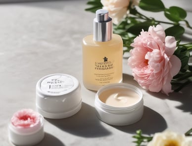 Two skincare products are positioned on a dark, textured background. The bottle on the left is a face serum with a dropper lid, featuring a label that includes the words 'Face Serum' and 'CBD'. On the right, a small jar labeled 'Day Cream' accompanies it, providing a sense of a skincare routine.
