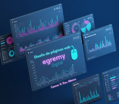Dashboards 3D de Egremy Digital con diseño de páginas web y gráficos de analítica digital, ubicación Cancún Q. Roo, México.