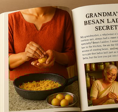 a book opened to show a book with a woman holding a bowl of ladoos