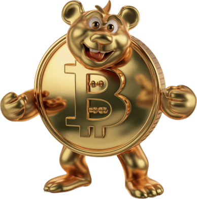a gold coin bear holding a bitcoin bitcoin coin