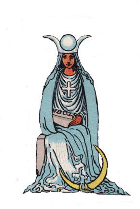 Tarot High Priestes a woman in blue gown wearing a triple moon crown