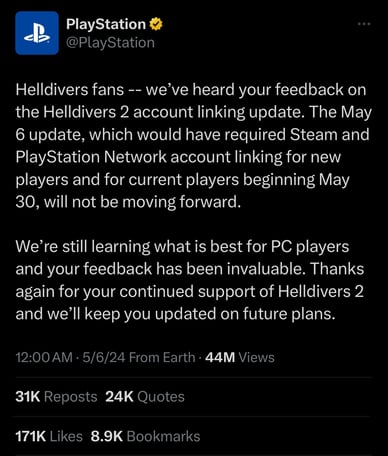 PlayStation official Twitter account talking about Helldivers 2 fans and linking PSN