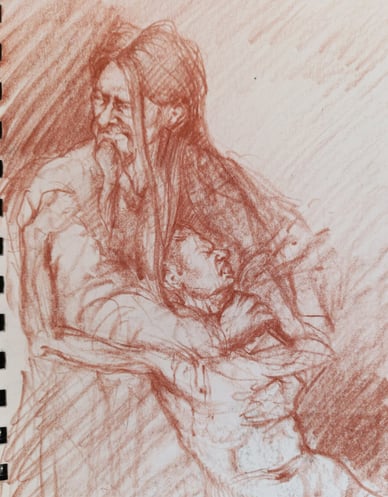 a drawing of a man holding a baby