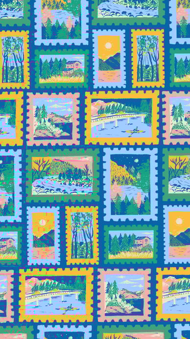 a quilter with a picture of a mountain scene