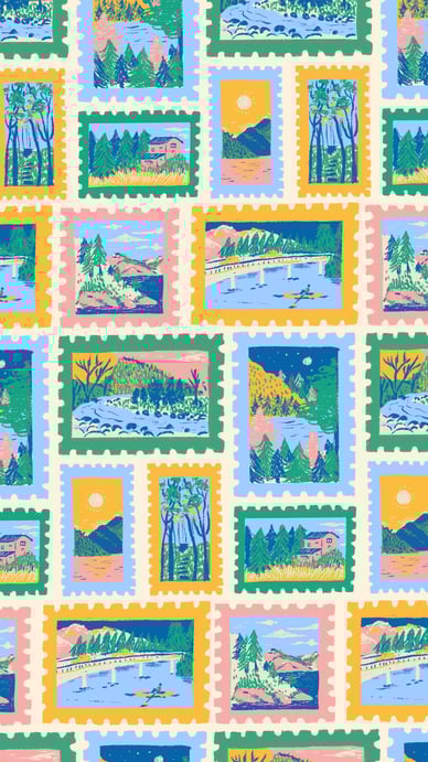 a postage stamp stamp with a picture of a mountain scene