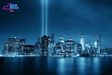 a city skyline view of a city at night