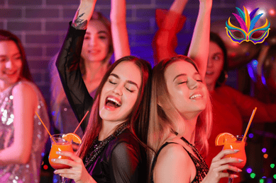 a group of people dancing around in a party