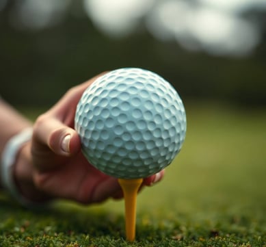 A hand carefully placing a golf ball on a tee. Golfing, golf course, sports, sports equipment.