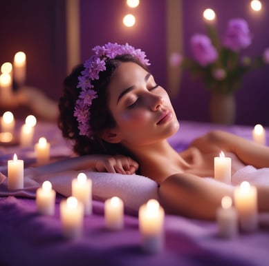 a woman in a spa with candles and candles