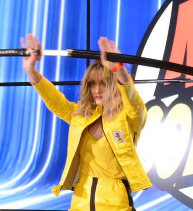 Kill Bill in a yellow jacket and yellow jacket