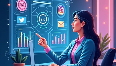 "Digital marketing dashboard with SEO, social media ads, and analytics