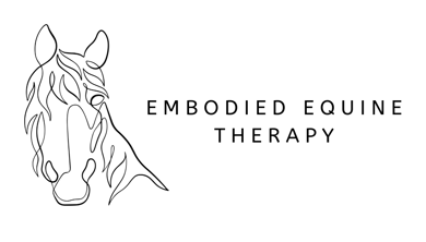 The Embodied Equine Therapy logo - illustration of horse in black on white background