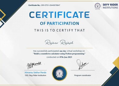 certificate of rajeev rajesh, Rajeev Rajesh