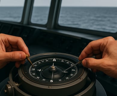 A person holding a compass on a boat