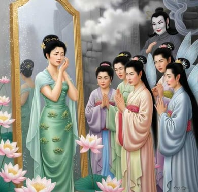 Bà tiên lo lắng trước gương