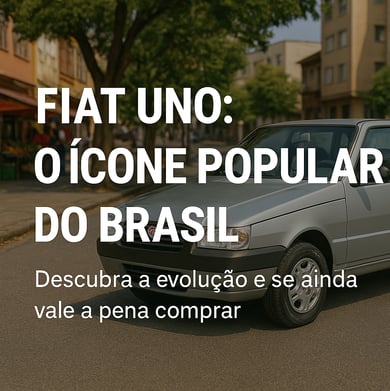 Fiat Uno prata estacionado em rua urbana com chamada sobre sua popularidade no Brasil