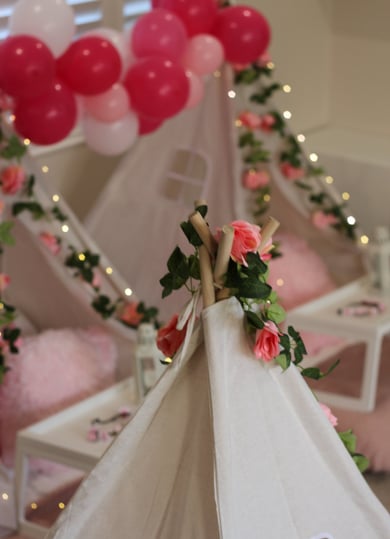 teepee slumber hire enchanted flower theme with balloon garland