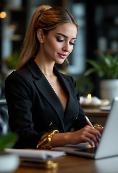 a woman in a black suit and gold accessories