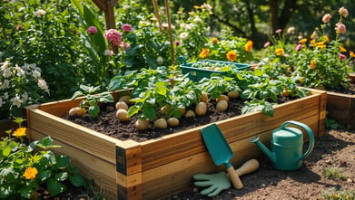 A rustic outdoor setting featuring a well-constructed wooden potato box, surrounded by green foliage