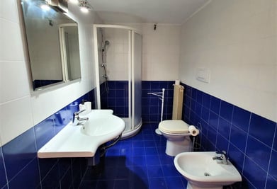 a bathroom with a blue tile floor and a shower