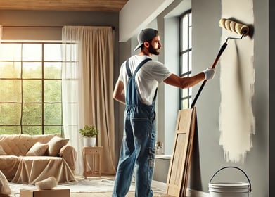 Painter Working on the Interior of a House – A painter wearing overalls and a cap is using a roller 