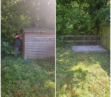 before and after picture of a shed demolition carried out in ronkswood worcester
