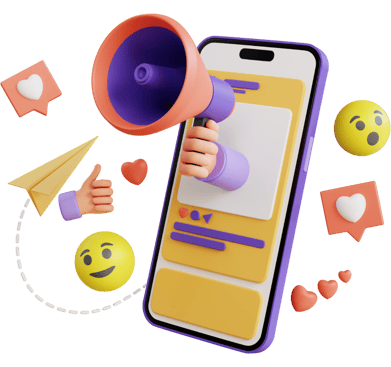 3d picture of a phone showing a loud speaker in hand and different emojis around the phone creating a visual hook.